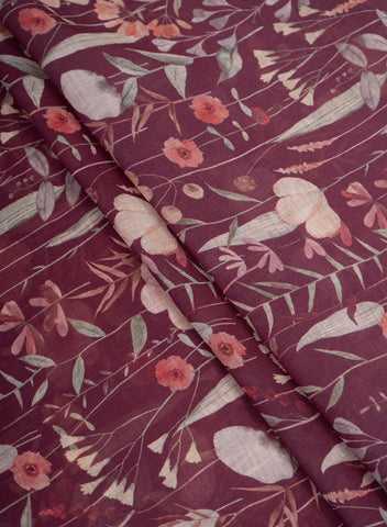 (Pre Cut-1 Meter) Linen Maroon Color Floral Pattern Hybrid Print Fabric