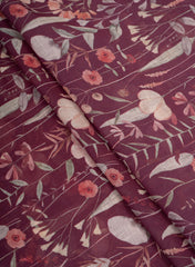 (Art Linen) Linen Maroon Color Floral Pattern Hybrid Print Fabric