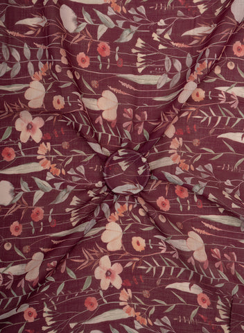 (Pre Cut-1 Meter) Linen Maroon Color Floral Pattern Hybrid Print Fabric