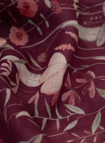 (Pre Cut-1 Meter) Linen Maroon Color Floral Pattern Hybrid Print Fabric