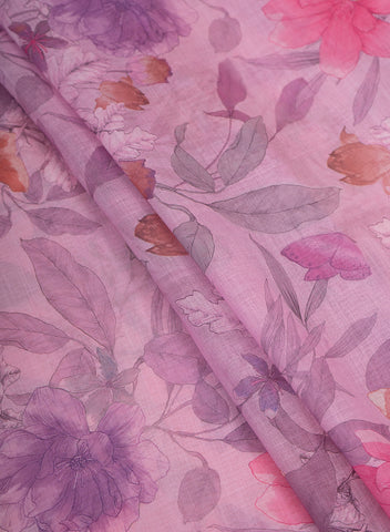 (Pre Cut-1 Meter) Linen Purple Color Floral Pattern Digital Print Fabric