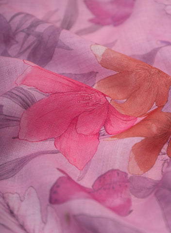 (Pre Cut-1 Meter) Linen Purple Color Floral Pattern Digital Print Fabric