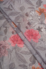 (Art Linen) Linen Grey Color Floral Pattern Digital Print Fabric