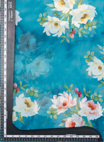 (Pre Cut 1-Meter) Pure Georgette Sky Blue Color White Rose Pattern Fabric