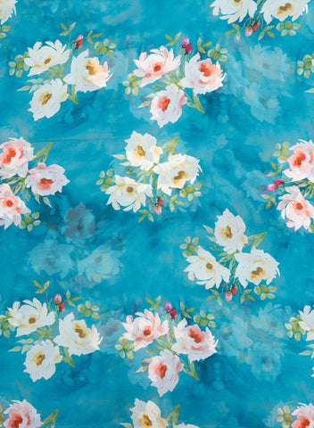(Pre Cut 1-Meter) Pure Georgette Sky Blue Color White Rose Pattern Fabric