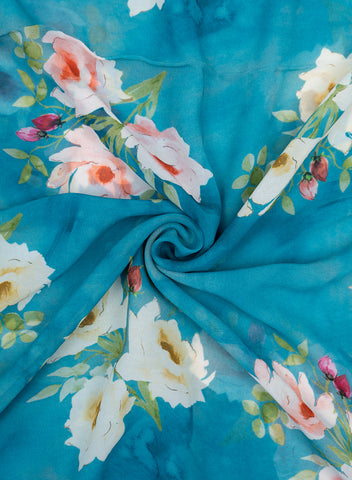 (Pre Cut 1-Meter) Pure Georgette Sky Blue Color White Rose Pattern Fabric