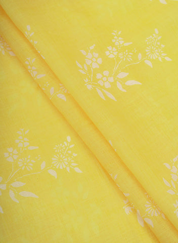 (Pre Cut-2 Meter) Linen Light Yellow Color Floral Pattern Digital Print Fabric