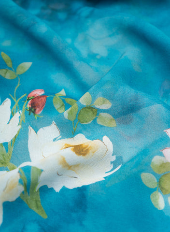 (Pre Cut 1-Meter) Pure Georgette Sky Blue Color White Rose Pattern Fabric