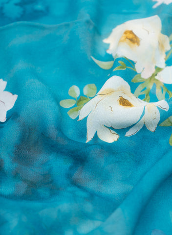 (Pre Cut 1-Meter) Pure Georgette Sky Blue Color White Rose Pattern Fabric