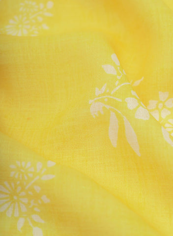 (Pre Cut-2 Meter) Linen Light Yellow Color Floral Pattern Digital Print Fabric