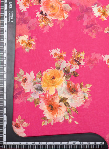 (Pre Cut -1.5 Meter) Pink Color Floral Pure Georgette Fabric