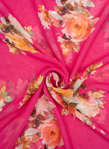 (Pre Cut -1.5 Meter) Pink Color Floral Pure Georgette Fabric