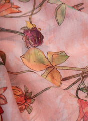 (Art Linen) Linen Peach Color Floral Pattern Digital Print Fabric