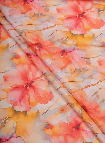 (Pre Cut 1-MeterLinen Satin Multi Color Floral Pattern Digital Print Fabric