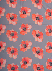 Linen Satin Grey Color With Orange Floral Pattern Digital Print Fabric