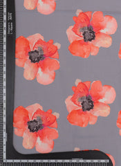 Linen Satin Grey Color With Orange Floral Pattern Digital Print Fabric