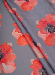 Linen Satin Grey Color With Orange Floral Pattern Digital Print Fabric