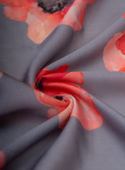 Linen Satin Grey Color With Orange Floral Pattern Digital Print Fabric