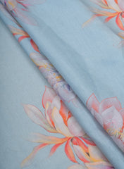 Linen Satin Sky Blue Color Floral Pattern Digital Print Fabric