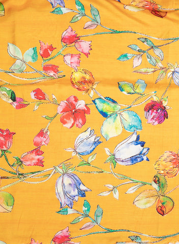 (Pre Cut 2.25-Meter) Fire Yellow Floral Digital Printed Pure Dola Silk Fabric With Foil