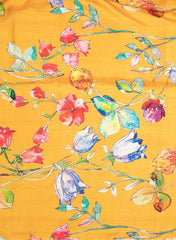 Fire Yellow Floral Digital Printed Pure Dola Silk Fabric With Foil