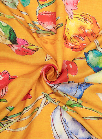 (Pre Cut 2.25-Meter) Fire Yellow Floral Digital Printed Pure Dola Silk Fabric With Foil