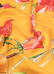 Fire Yellow Floral Digital Printed Pure Dola Silk Fabric With Foil