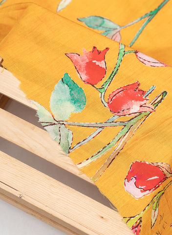 (Pre Cut 2.25-Meter) Fire Yellow Floral Digital Printed Pure Dola Silk Fabric With Foil