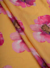 Linen Satin Yellow Color With Pink Floral Pattern Digital Print Fabric