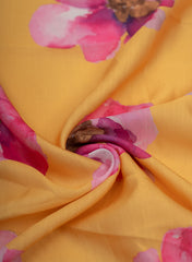 Linen Satin Yellow Color With Pink Floral Pattern Digital Print Fabric