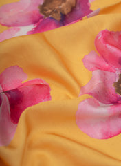 Linen Satin Yellow Color With Pink Floral Pattern Digital Print Fabric