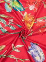 Red Floral Digital Printed Pure Dola Silk Fabric With Foil