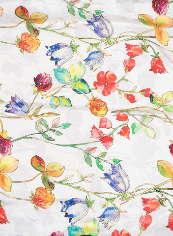 (Pre Cut-3 Meter) Off White Floral Digital Printed Pure Dola Silk Fabric With Foil