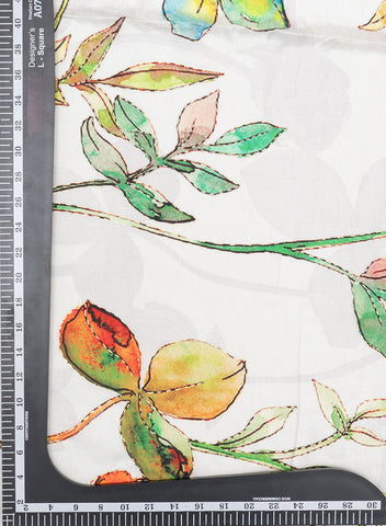 (Pre Cut-3 Meter) Off White Floral Digital Printed Pure Dola Silk Fabric With Foil