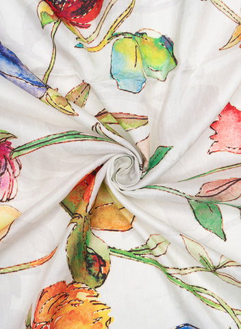 (Pre Cut-3 Meter) Off White Floral Digital Printed Pure Dola Silk Fabric With Foil