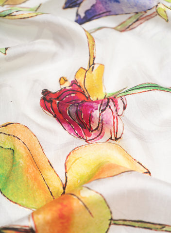 (Pre Cut-3 Meter) Off White Floral Digital Printed Pure Dola Silk Fabric With Foil