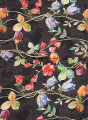 Black Floral Digital Printed Pure Dola Silk Fabric With Foil