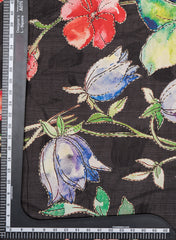 Black Floral Digital Printed Pure Dola Silk Fabric With Foil