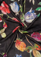 Black Floral Digital Printed Pure Dola Silk Fabric With Foil