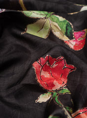 Black Floral Digital Printed Pure Dola Silk Fabric With Foil