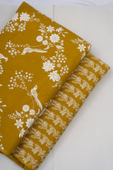 (Pre Cut- 2 Meter) Mustard and White floral Block Print Pure Cotton Cambric Fabric