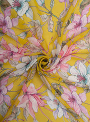 Pure Georgette Lemon Yellow And Pink Color Floral Digital Print Fabric