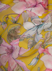 Pure Georgette Lemon Yellow And Pink Color Floral Digital Print Fabric