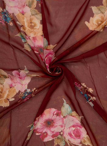 (Pre Cut -2 Meter)Pure Georgette Burgundy Red Color Floral Digital Print Fabric