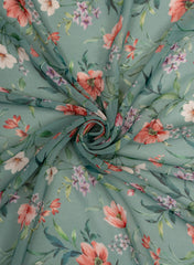 Pure Georgette Mint Green And Orange Color Floral Digital Print Fabric