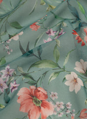 Pure Georgette Mint Green And Orange Color Floral Digital Print Fabric