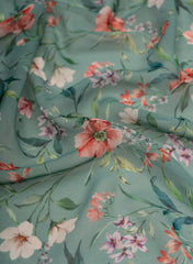 Pure Georgette Mint Green And Orange Color Floral Digital Print Fabric