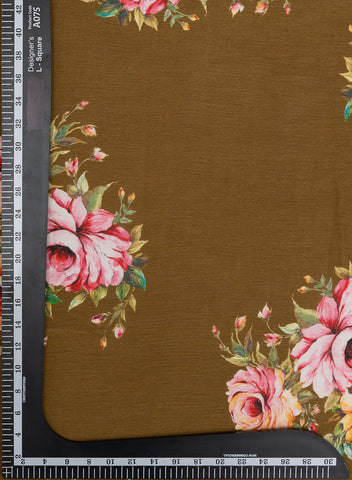 (Pre Cut -3. Meter) Chinnon Chiffon Golden Brown Color Rose Digital Print