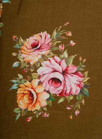 (Pre Cut -3. Meter) Chinnon Chiffon Golden Brown Color Rose Digital Print