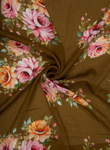 (Pre Cut -3. Meter) Chinnon Chiffon Golden Brown Color Rose Digital Print